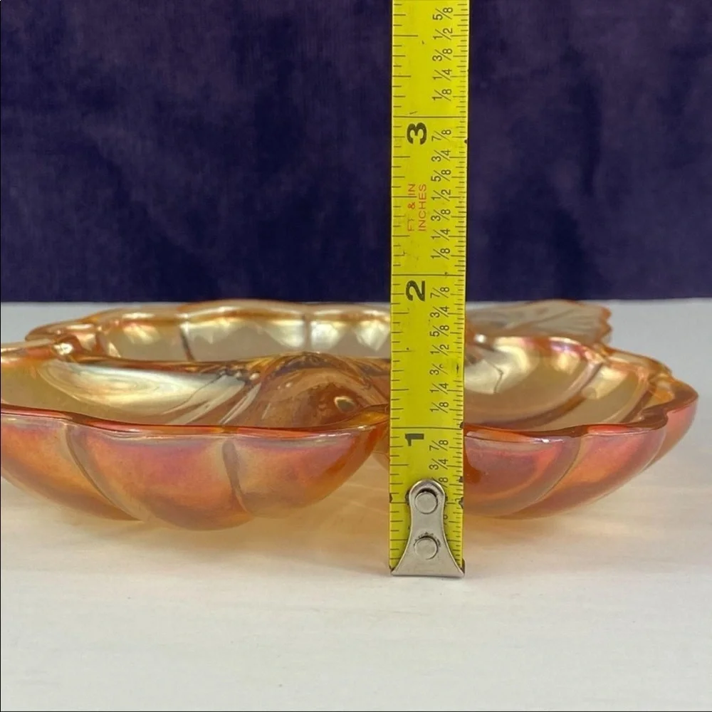 Jeannette Marigold Doric Shamrock, Clover Iridescent Carnival Glass Candy Dish